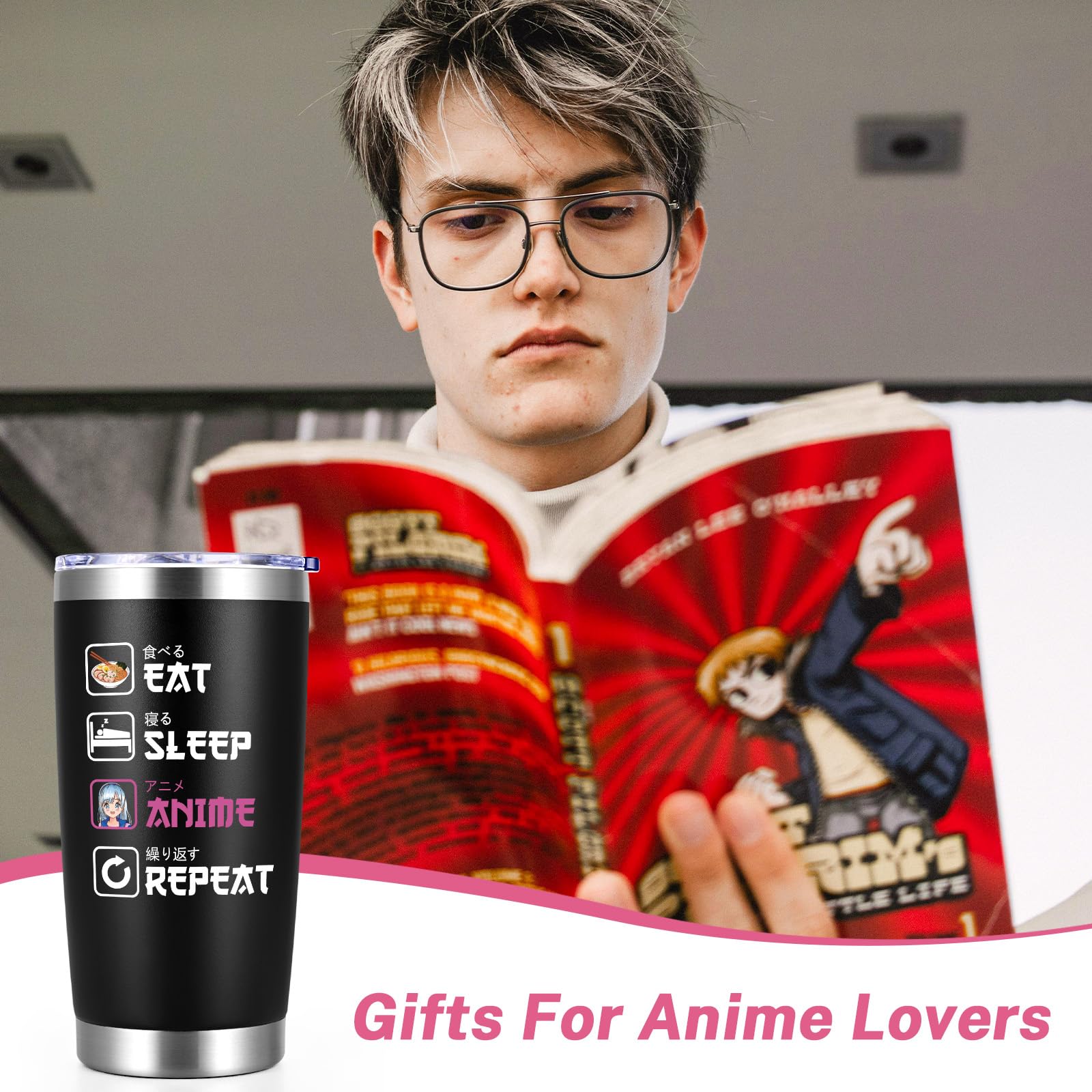Qtencas tumbler with Japanese-inspired artwork for anime fans.