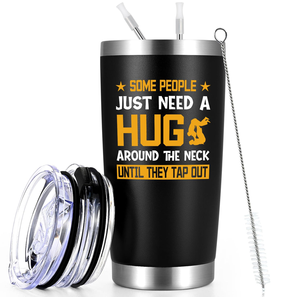 Qtencas Jiu Jitsu gift tumbler front view, durable 20 oz steel for training.