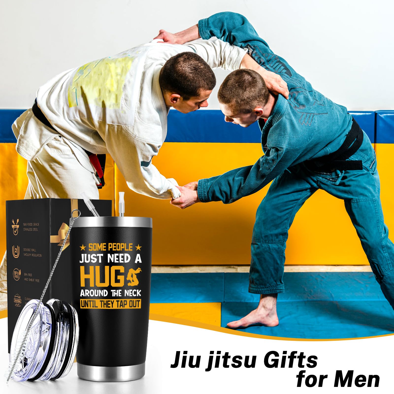 Qtencas Jiu Jitsu gift tumbler side view, comfortable grip for travel.