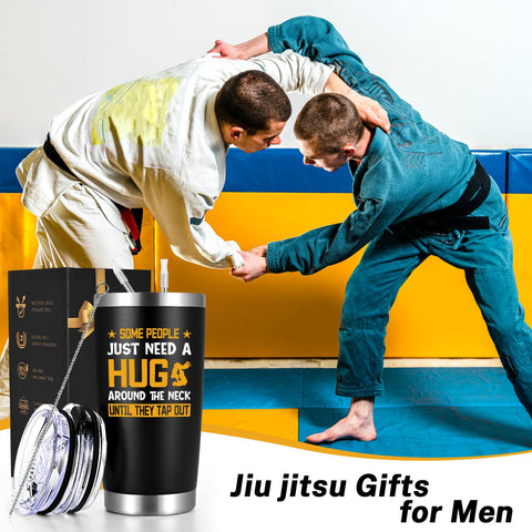 Qtencas Jiu Jitsu gift tumbler side view, comfortable grip for travel.