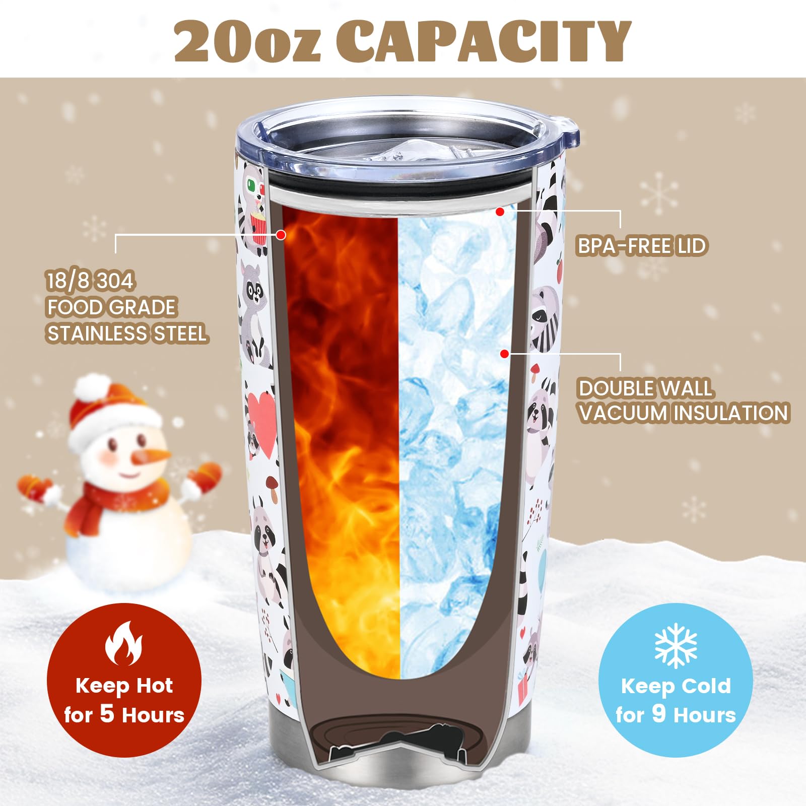 Qtencas travel cup set with raccoon prints and gift box.