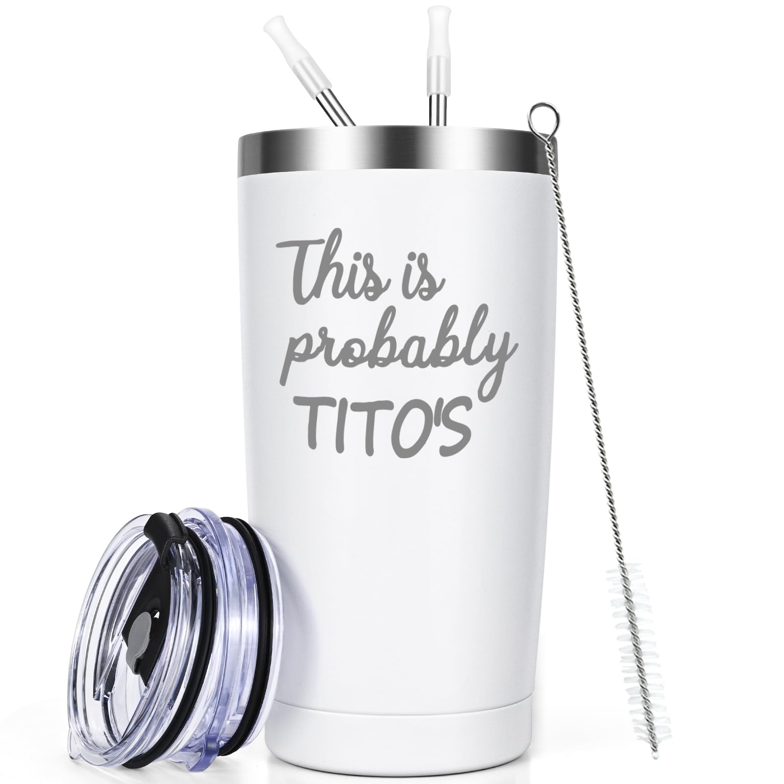 Qtencas Tito's 20oz tumbler with this is probably Tito's print, ideal for on the go hydration.