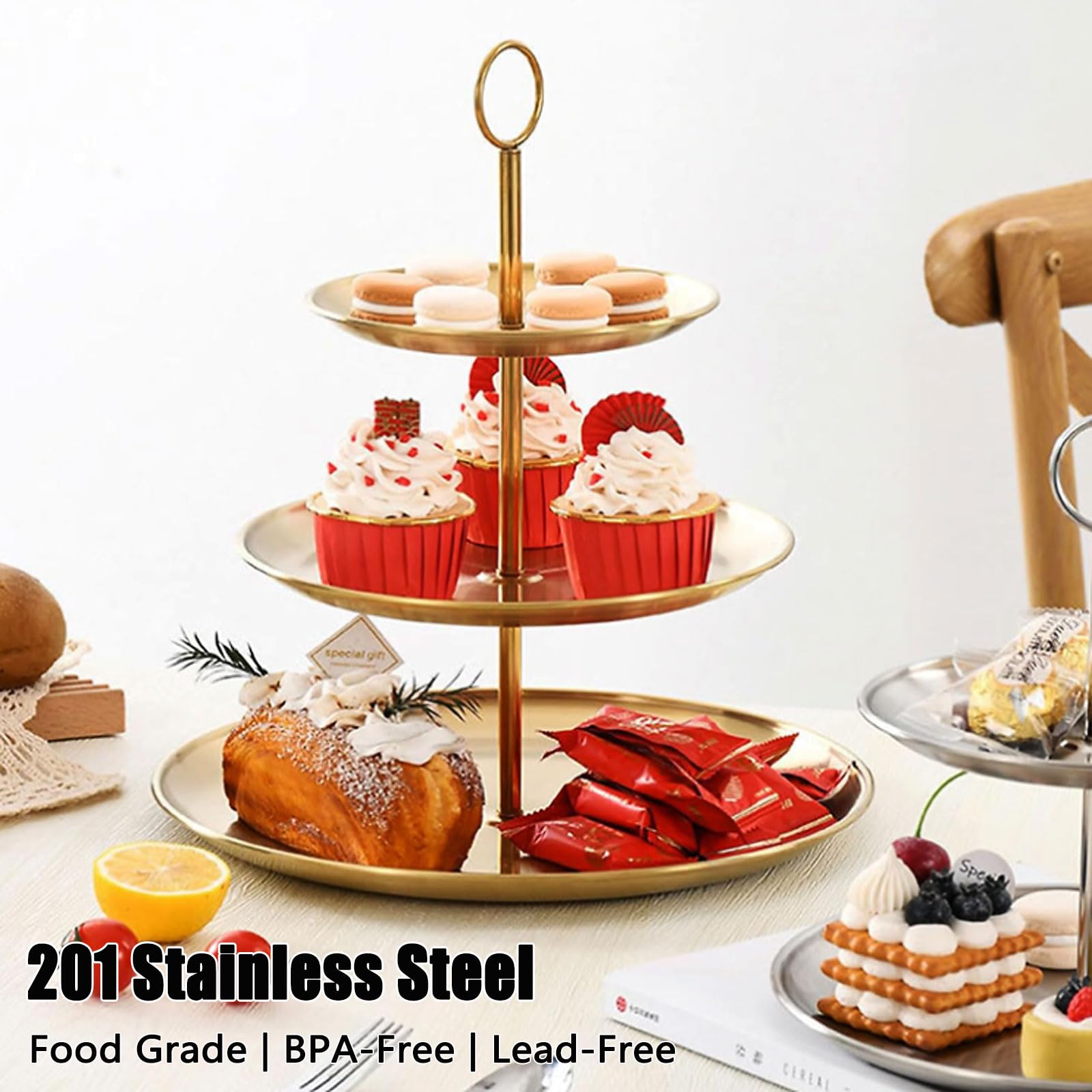 QTLCOHD assembled gold cupcake stand shows stable base for even display.