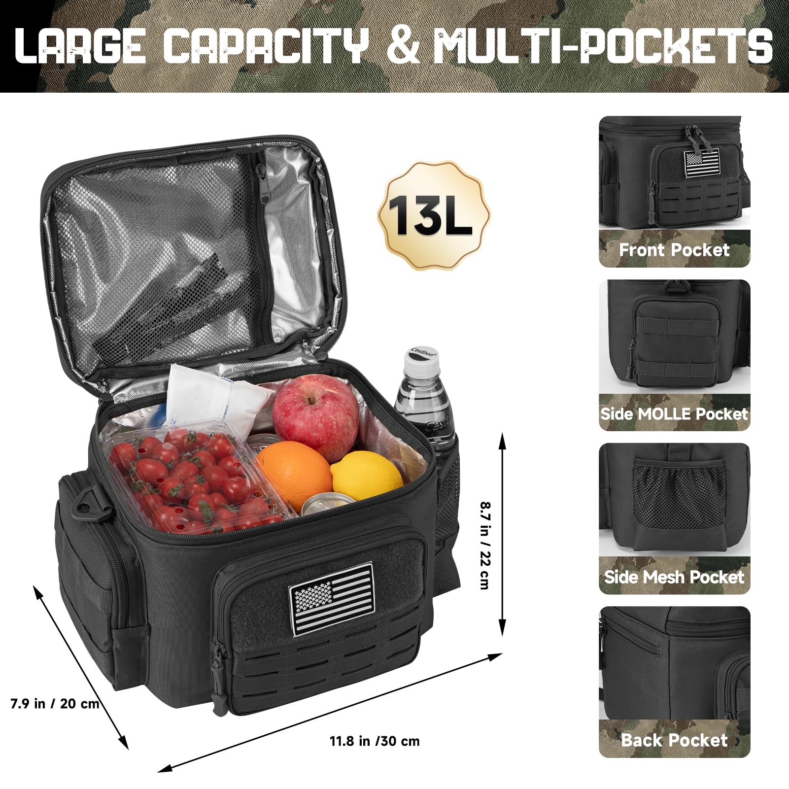 QT&QY tactical lunch bag side pocket for easy bottle storage during commutes