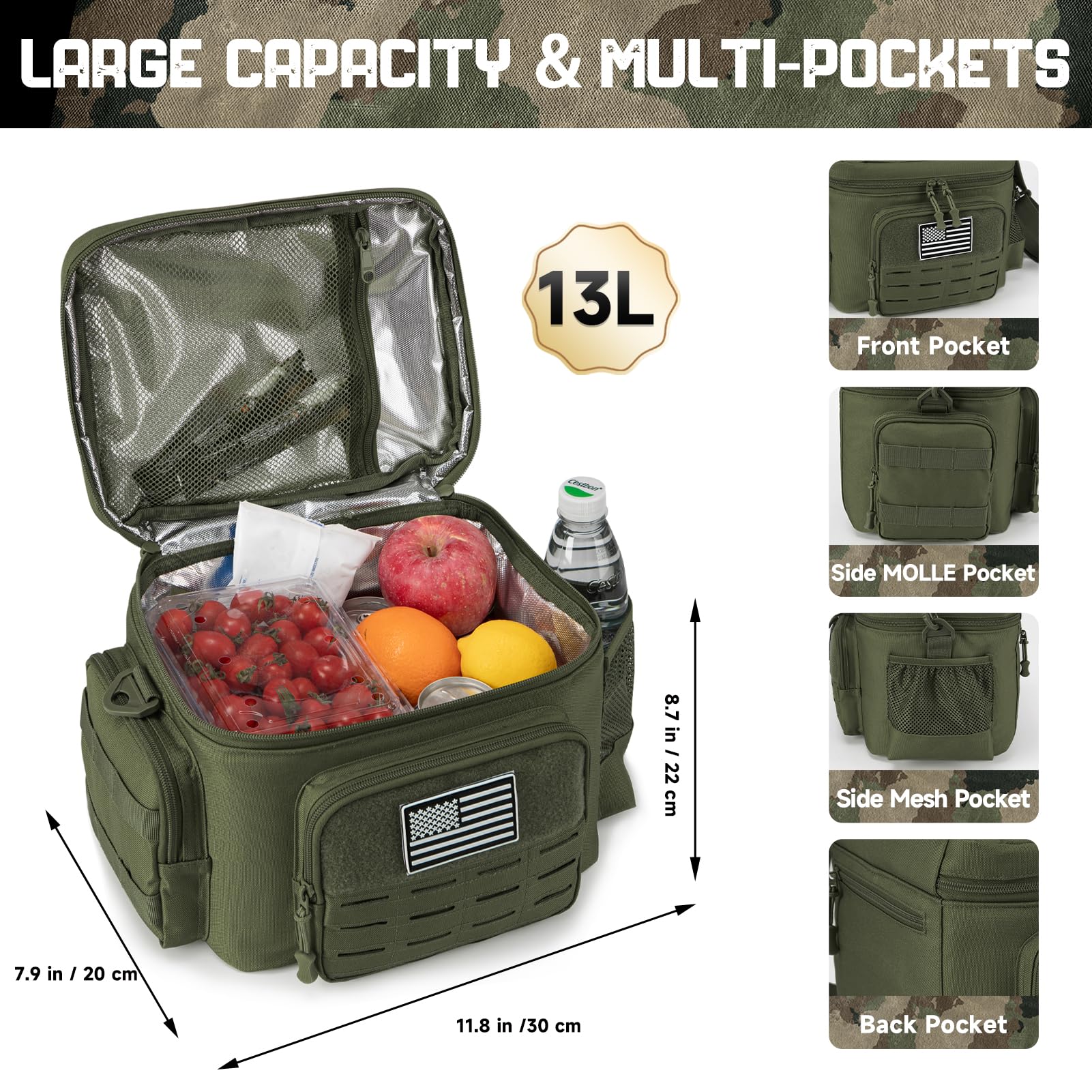 QT&QY Tactical Lunch Bag side mesh pocket for bottle or snacks