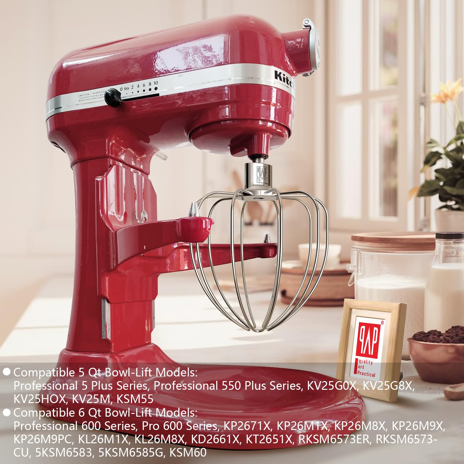 qAp heavy duty whisk attachment for KitchenAid 6Qt models supports airy, even mixing.