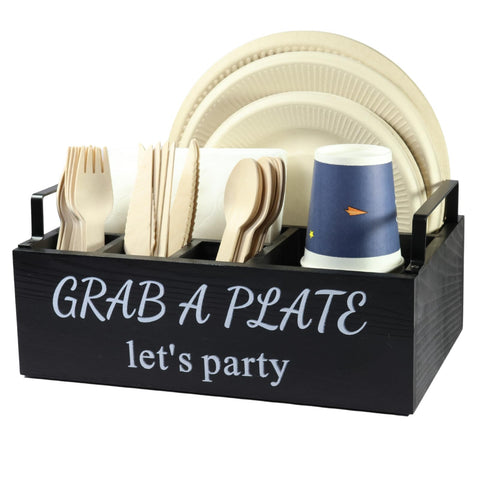 QUALLON paper plate holder with six compartments on a countertop for organized serving