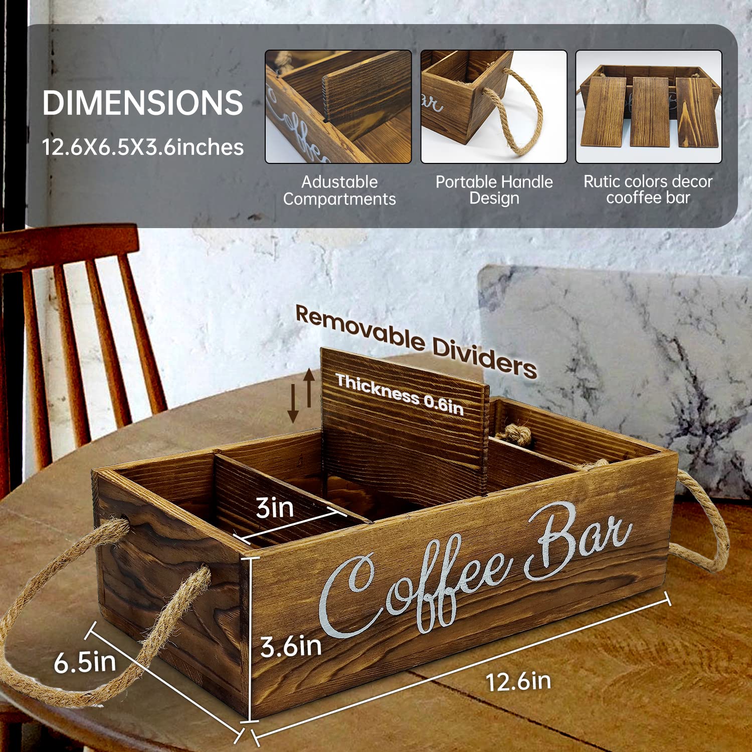 QUALLON wood coffee bar storage with rustic charred veneer adds farmhouse charm