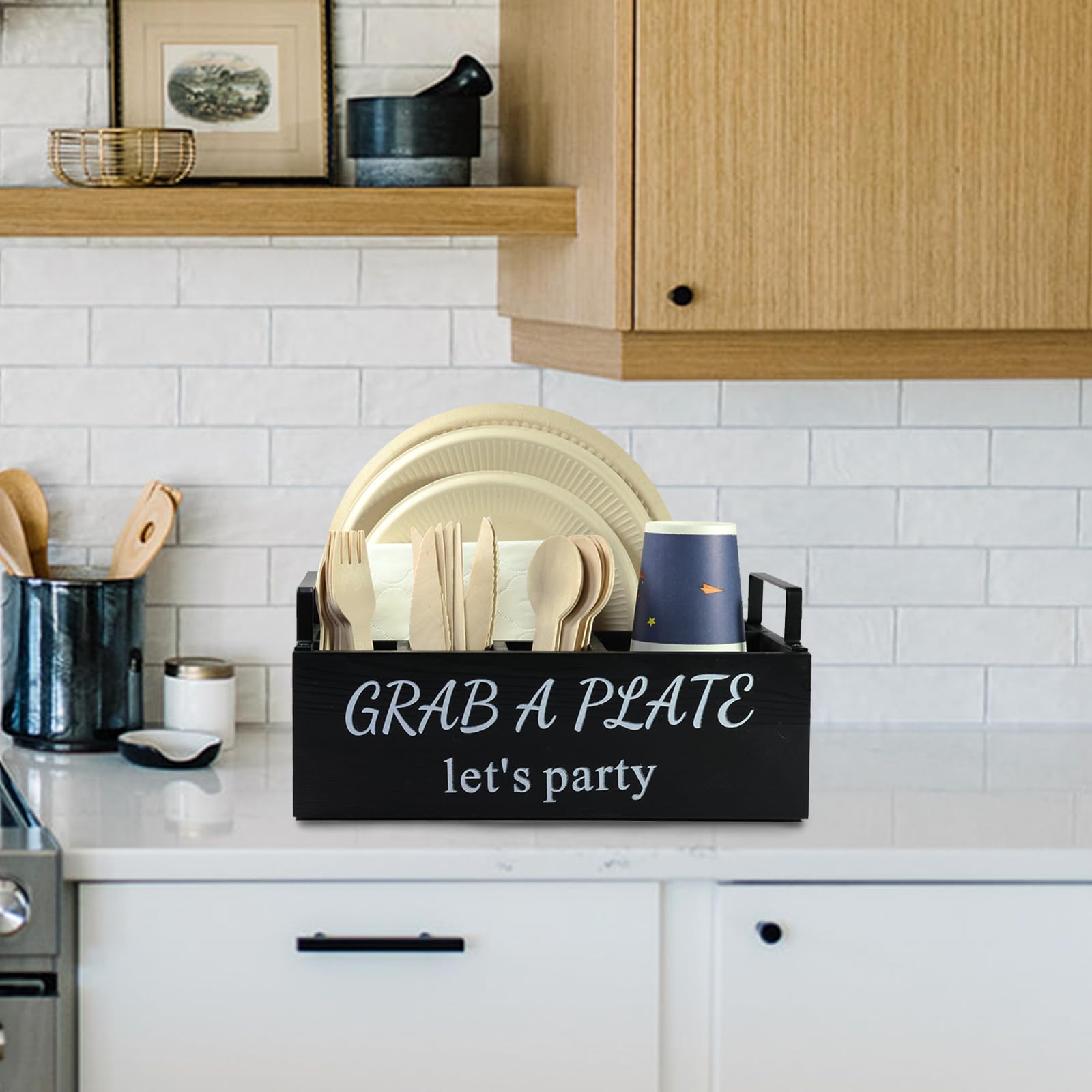QUALLON wood paper plate dispenser showing compact design on a kitchen counter