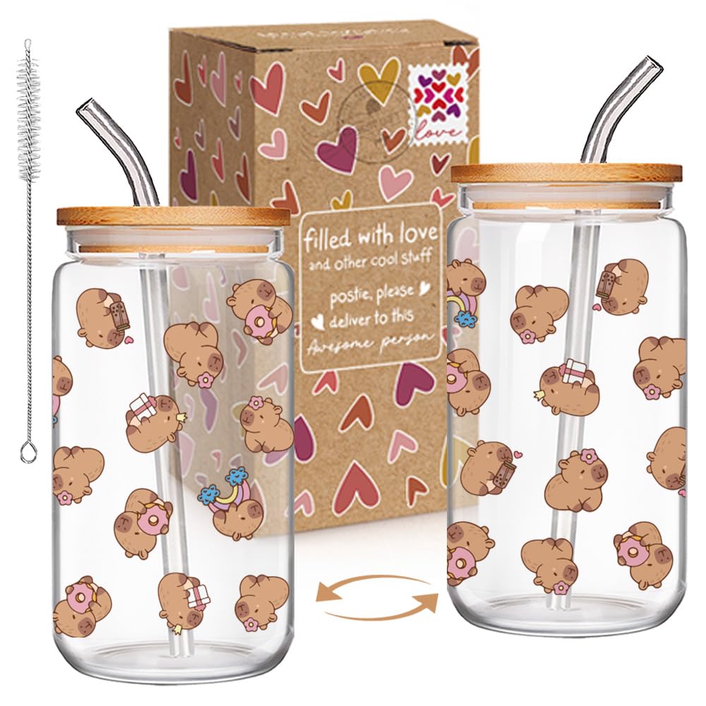 Qubereeree capybara glass cup with lid and straw, ideal for refreshing beverages on the go.