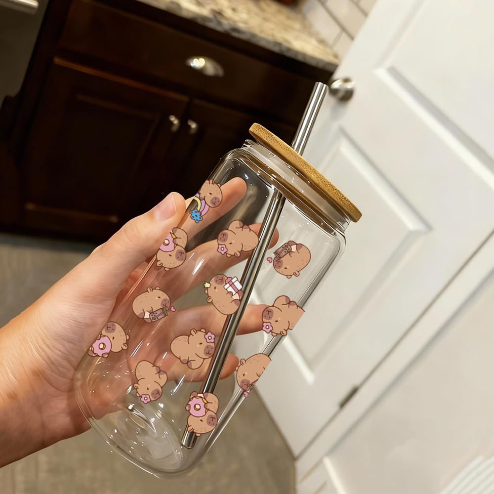 Qubereeree capybara glass cup with silicone lid cover, helps prevent aroma escape.