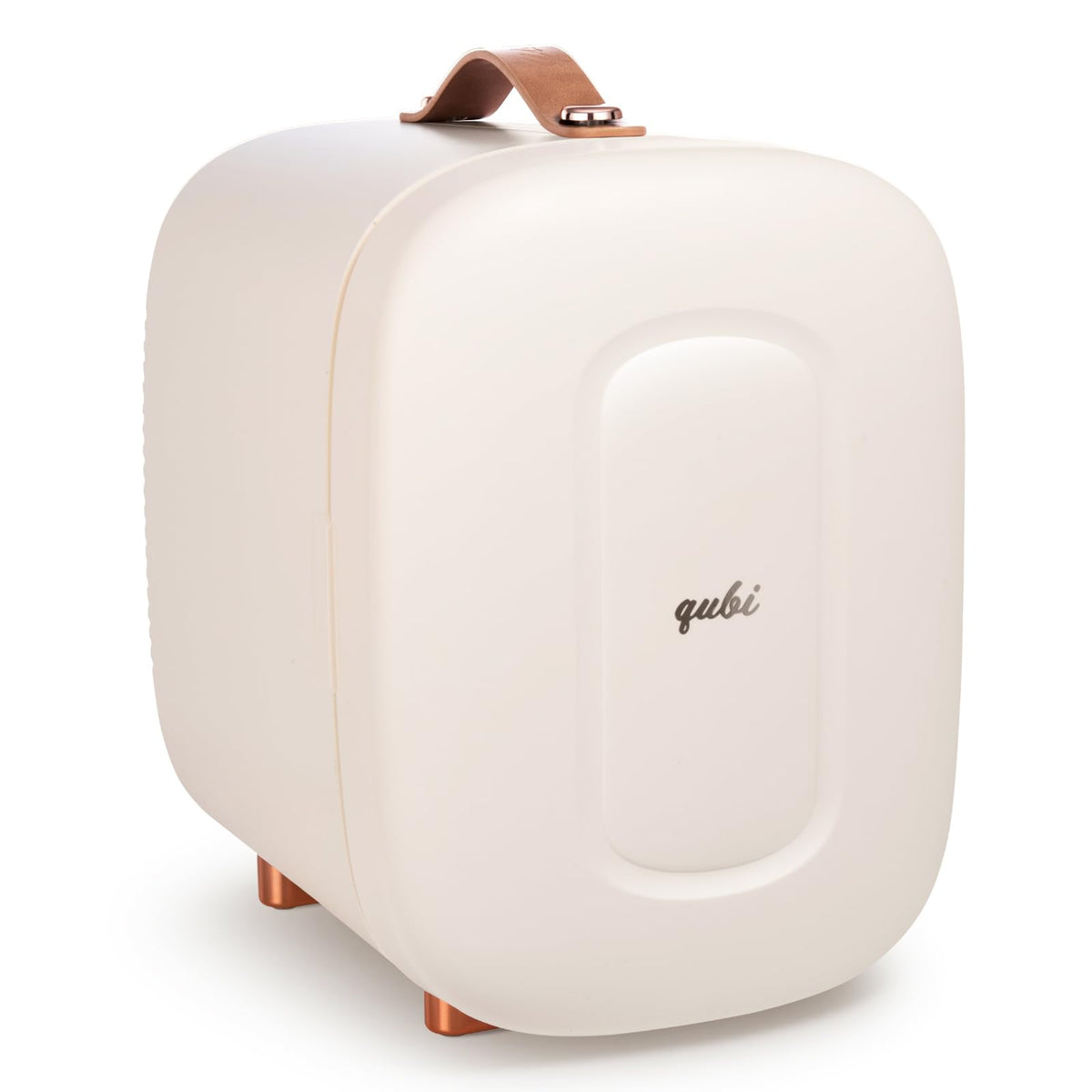QUBI Mini Fridge cream white front view showing compact skincare storage on a vanity