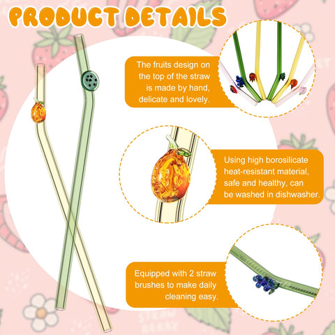 Queekay glass straw with kiwi design, bent top, perfect for tropical-inspired sips
