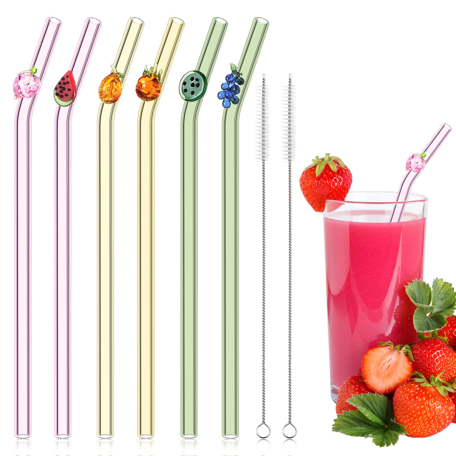 Queekay glass straw with strawberry design, bent top, ideal for colorful summer drinks