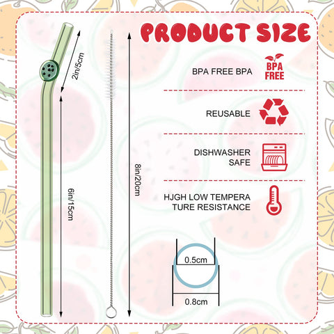 Queekay glass straw with watermelon design, bent top, great for refreshing beverages