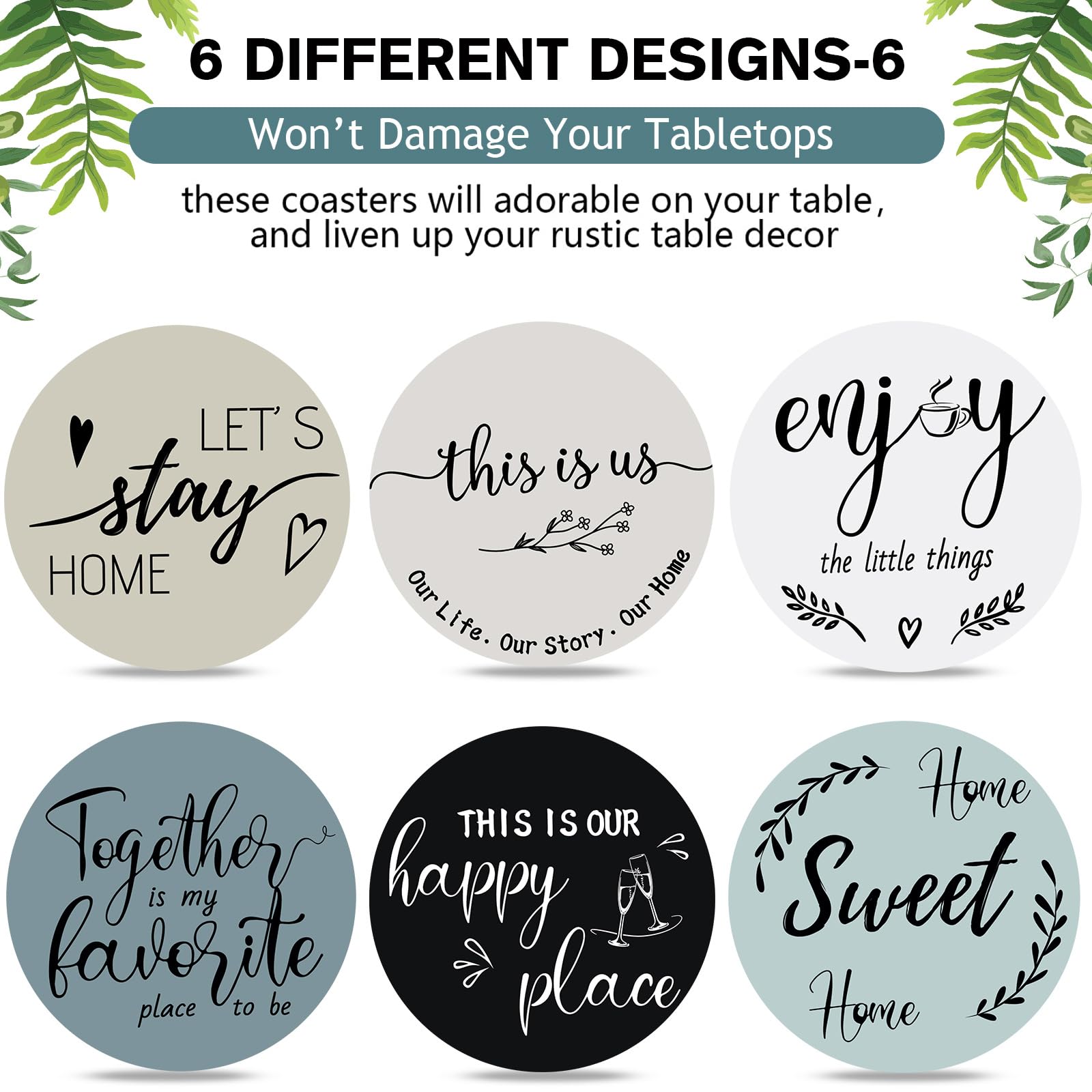 Queekay gray-blue coaster set adds farmhouse charm.