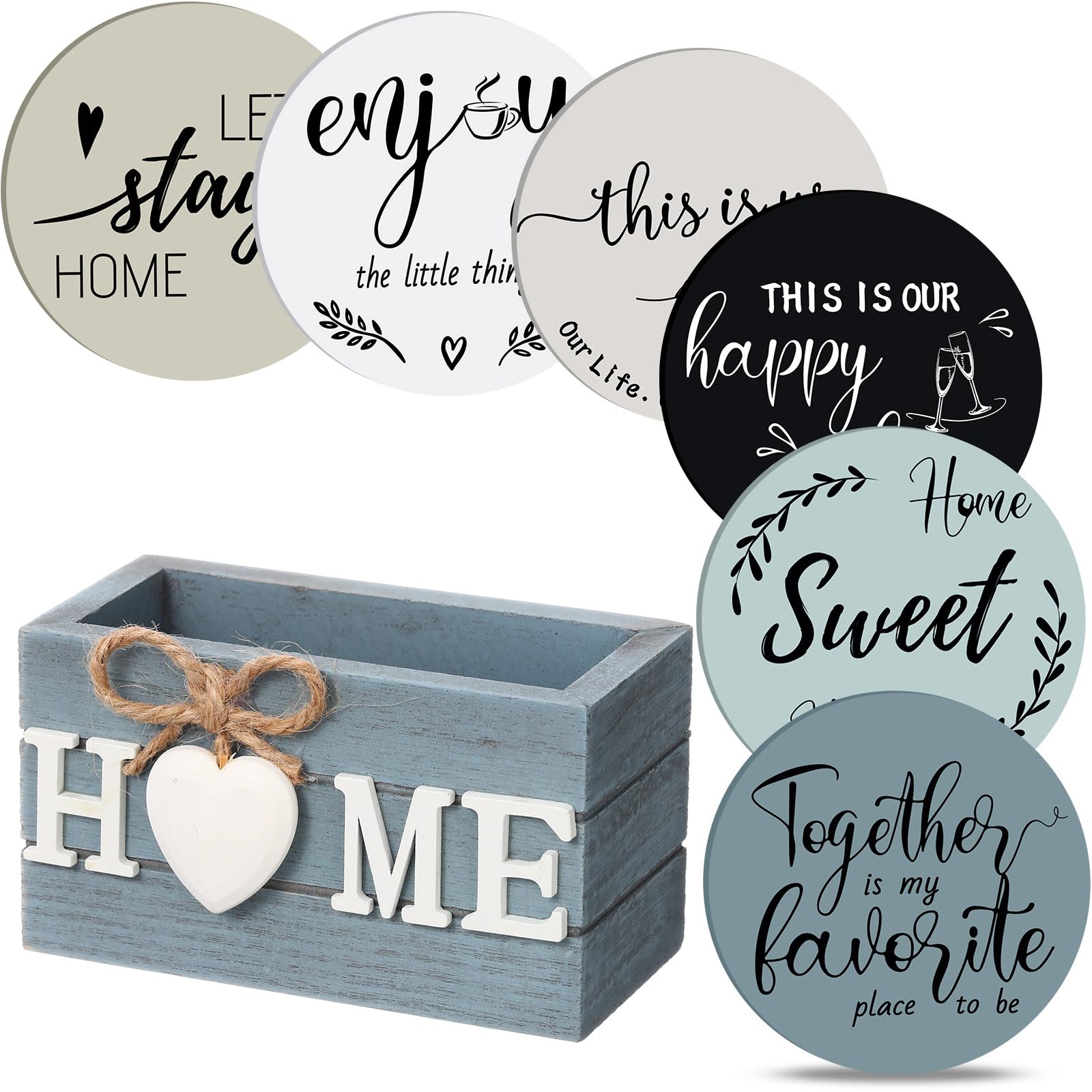Queekay coasters in six styles with holder keep surfaces organized.