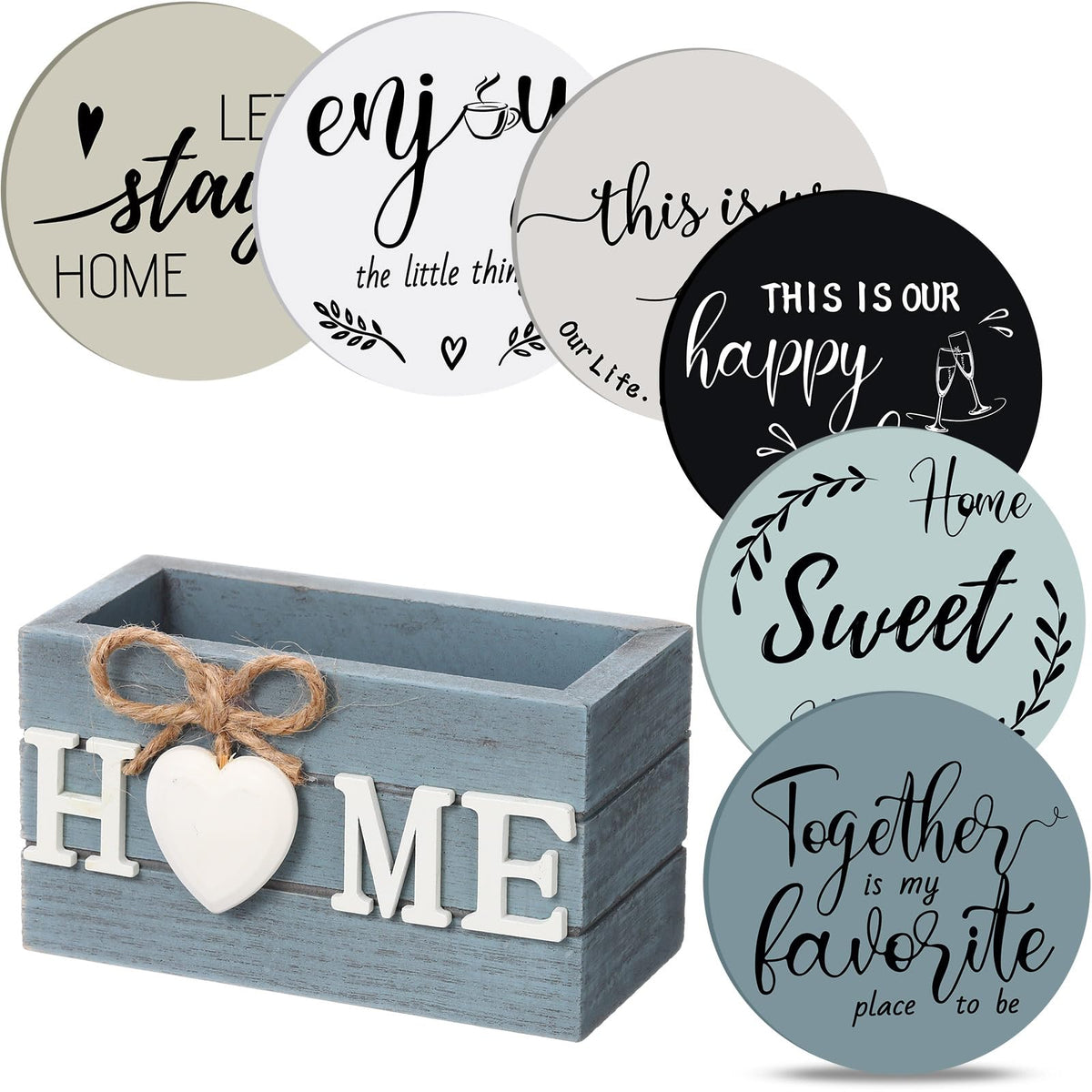 Queekay coasters in six styles with holder keep surfaces organized.
