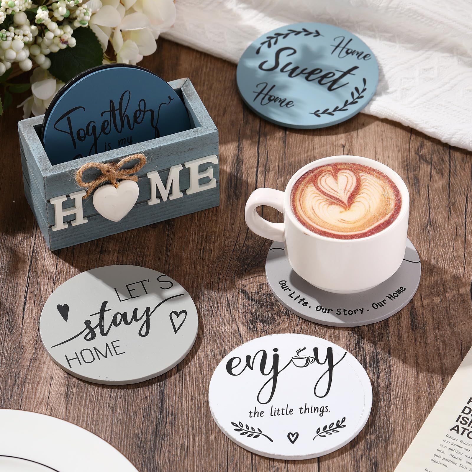 Queekay six-piece coasters on a dining table.