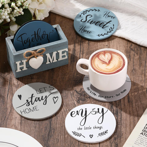 Queekay six-piece coasters on a dining table.