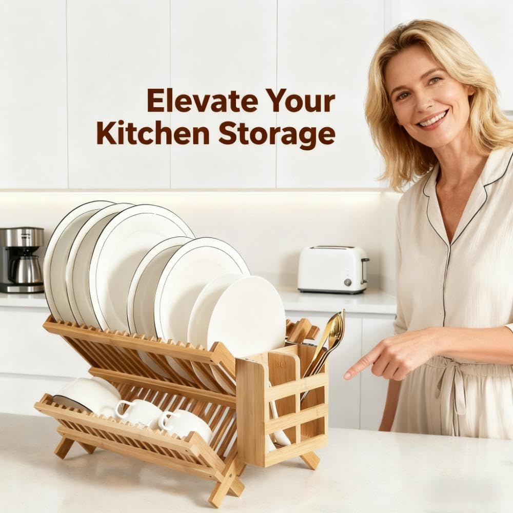 QUEENKAY two-tier collapsible dish rack bottom tier holds bowls and cups neatly.
