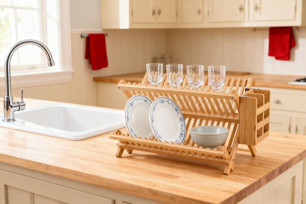 QUEENKAY bamboo rack adds warm natural style to counters.