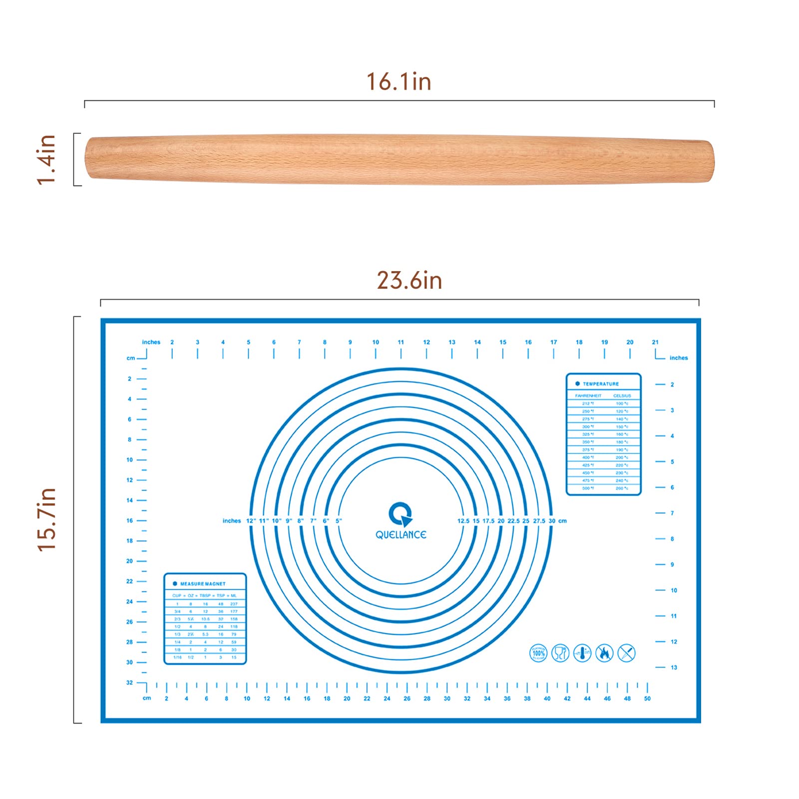 Quellance beech wood rolling pin offers sturdy, durable rolling action.