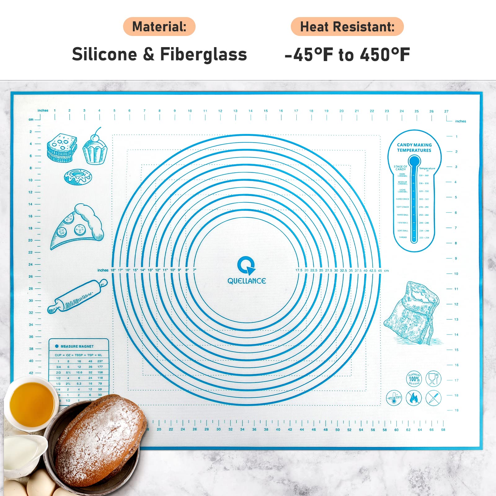 Quellance pastry mat with adhesive bottom prevents sliding during dough work.