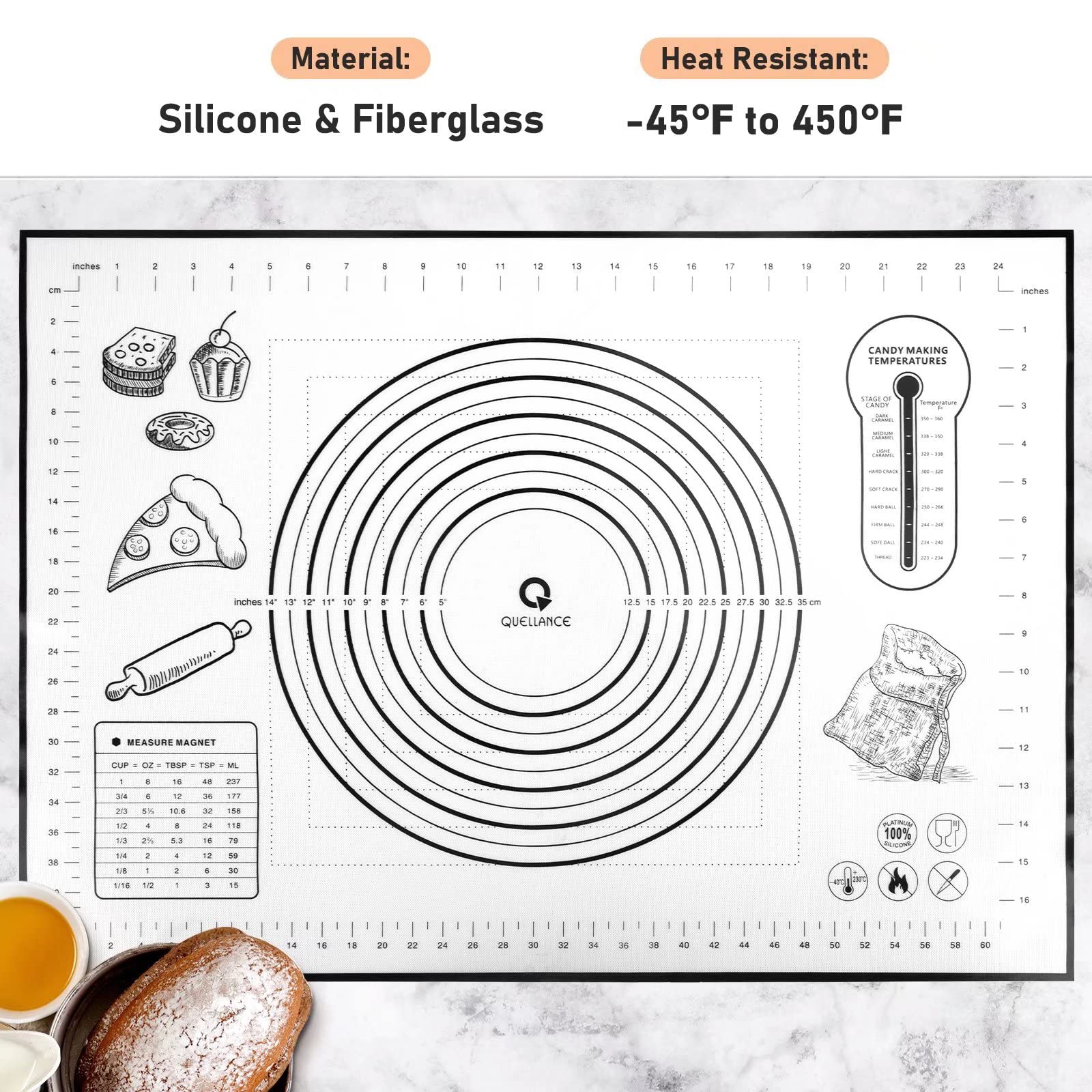 QUELLANCE silicone pastry mat nonstick surface keeps counter clean during prep