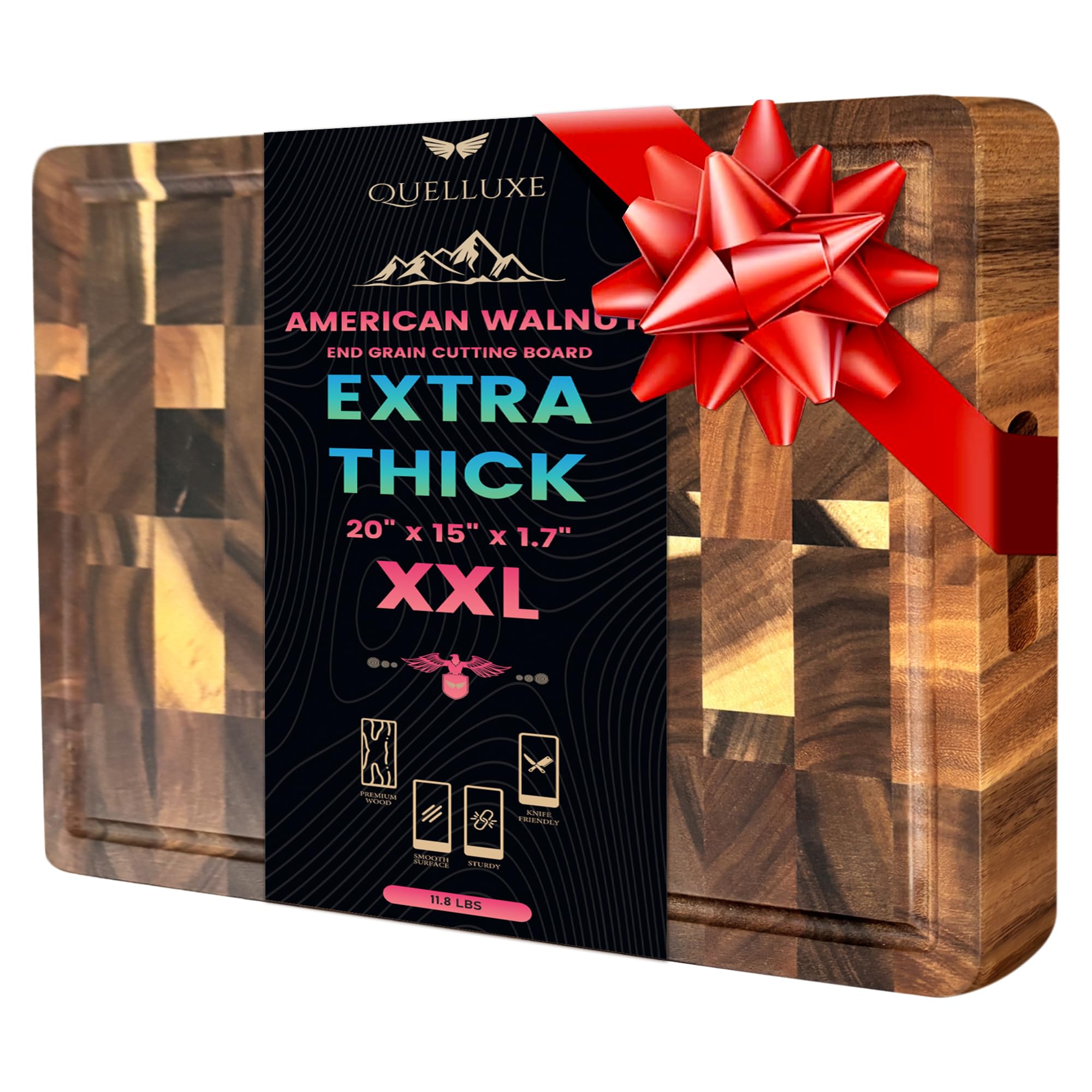 QUELLUXE end-grain cutting board with juice groove for mess-free carving.