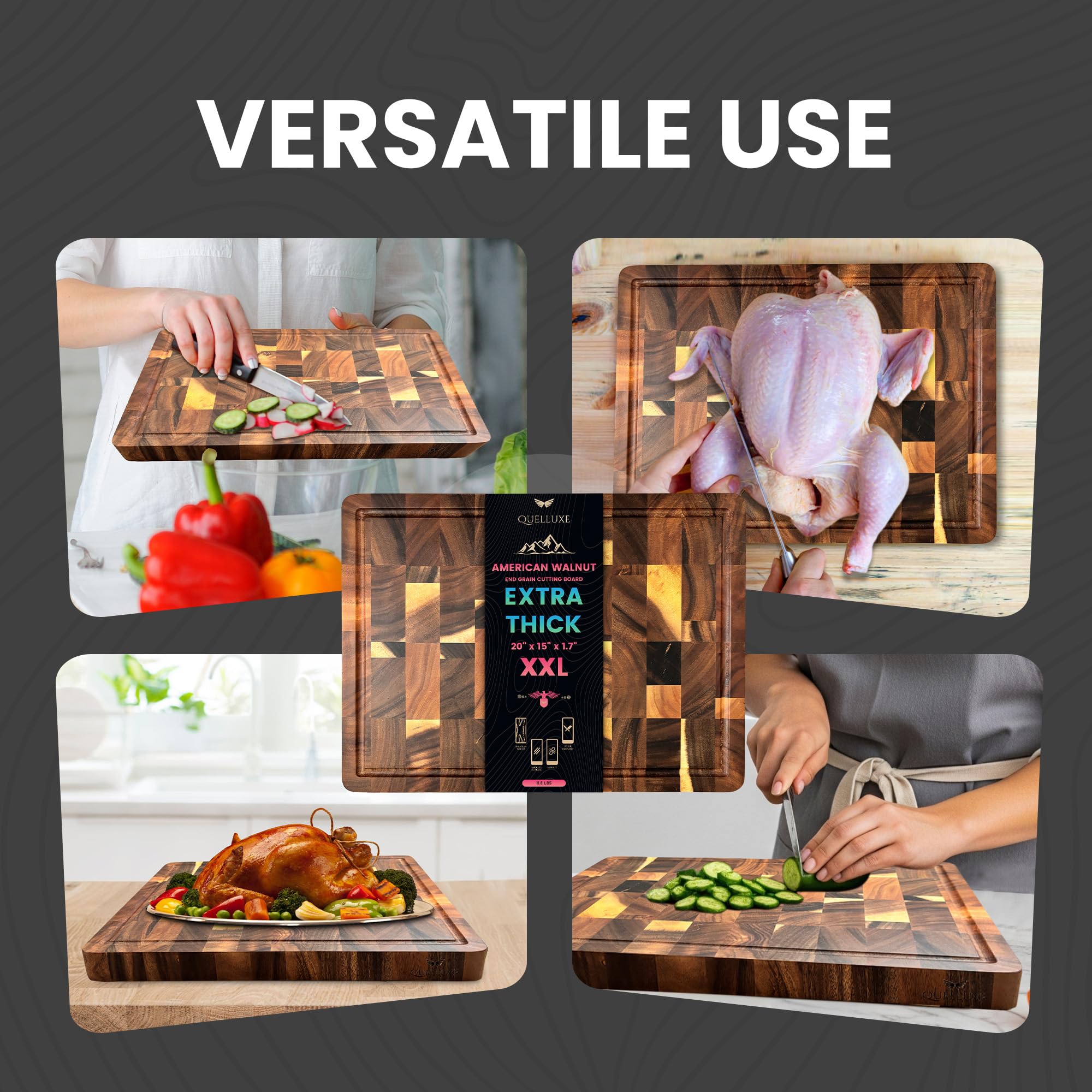 QUELLUXE juice groove helps contain liquids and keep counters tidy.