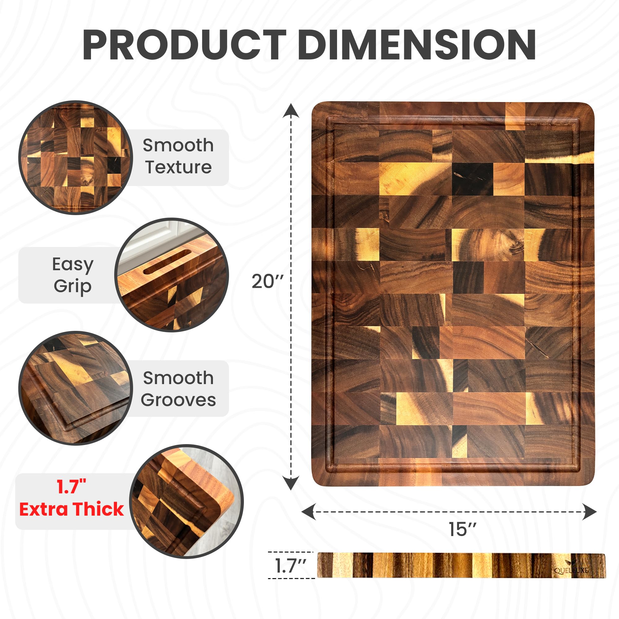 QUELLUXE heavy-duty walnut cutting board on a kitchen counter.