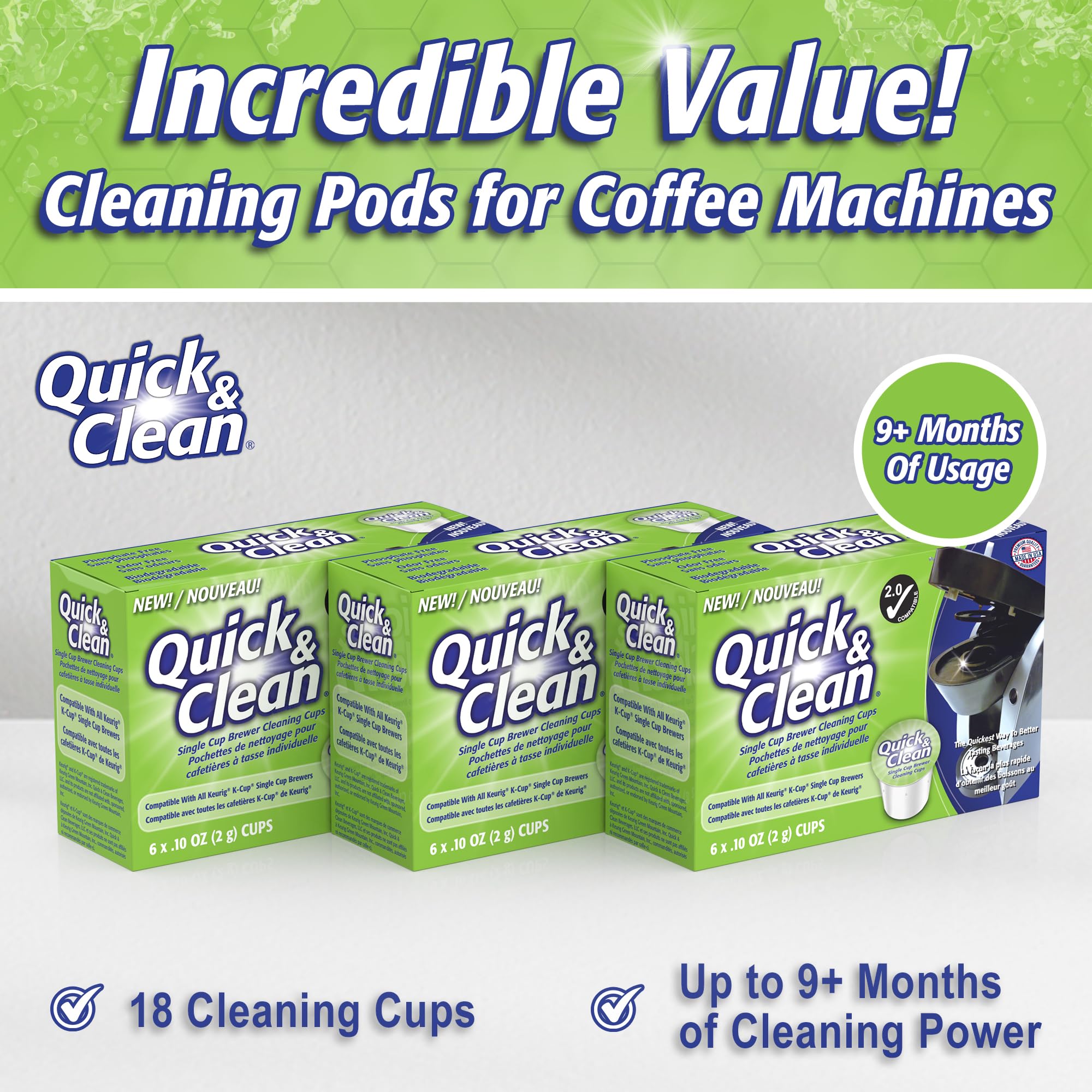 Quick & Clean non-toxic, biodegradable pods safe for your coffee machine