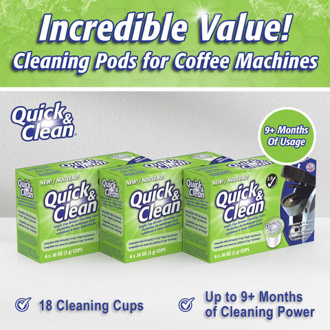 Quick & Clean non-toxic, biodegradable pods safe for your coffee machine