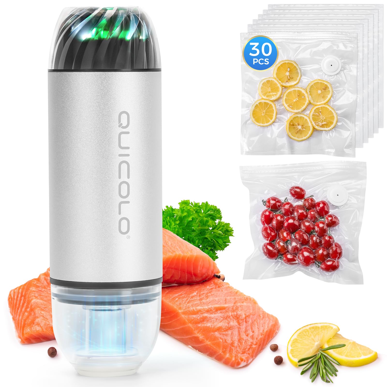 Quicolo vacuum sealer front view for compact kitchen efficiency and quick sealing.