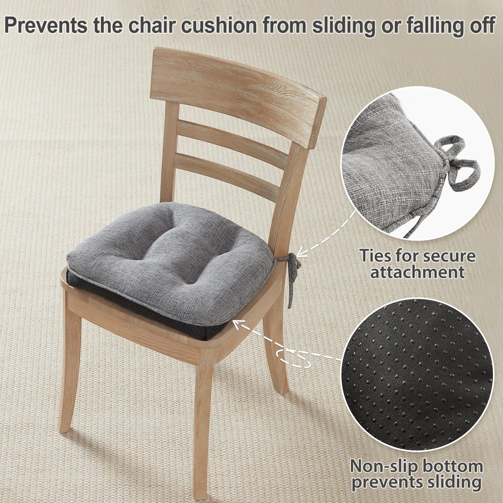 Quilmfoam chair cushion with ties anchors securely on chairs.