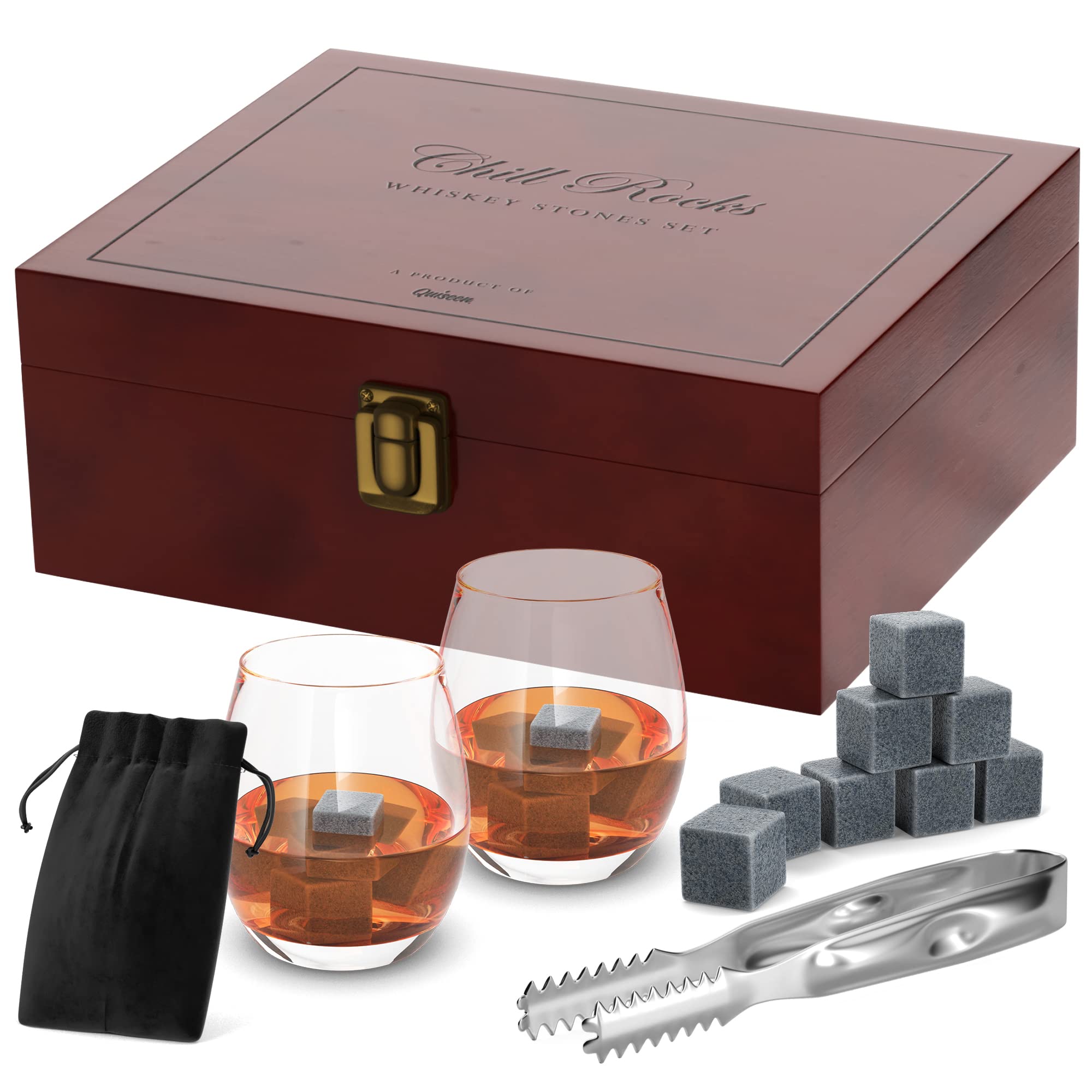 Quiseen velvet storage pouch protects stones and glasses between uses.