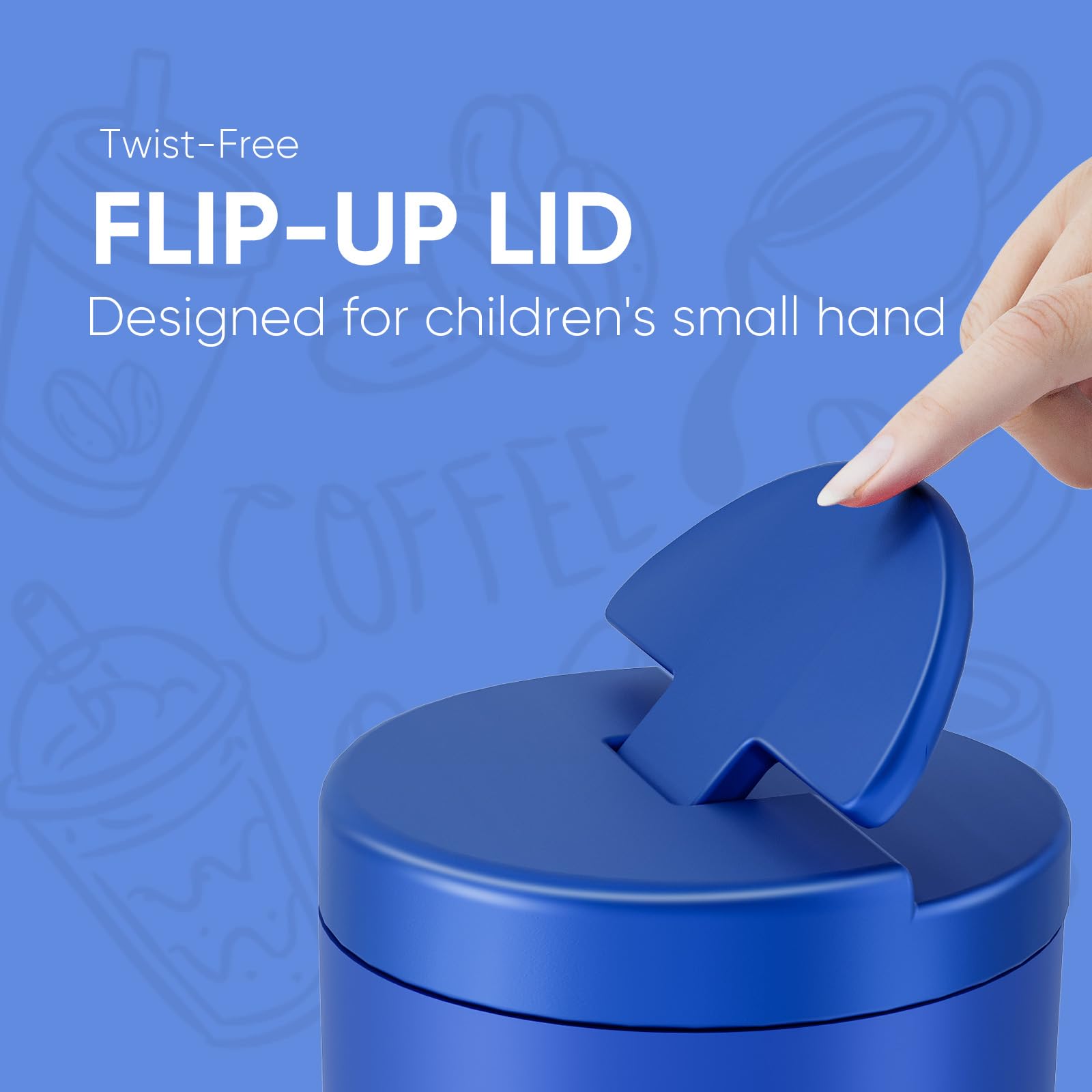 QUITES 12oz soup thermo blue twist-free lid simplifies lid opening for kids.