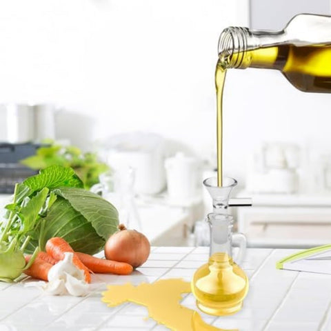 Funnel in action reduces spills during refills in the kitchen.
