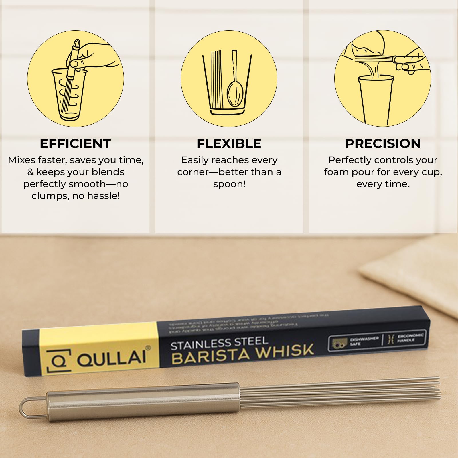 QULLAI whisk wires close-up reveal semi-rigid wires for smooth blends.