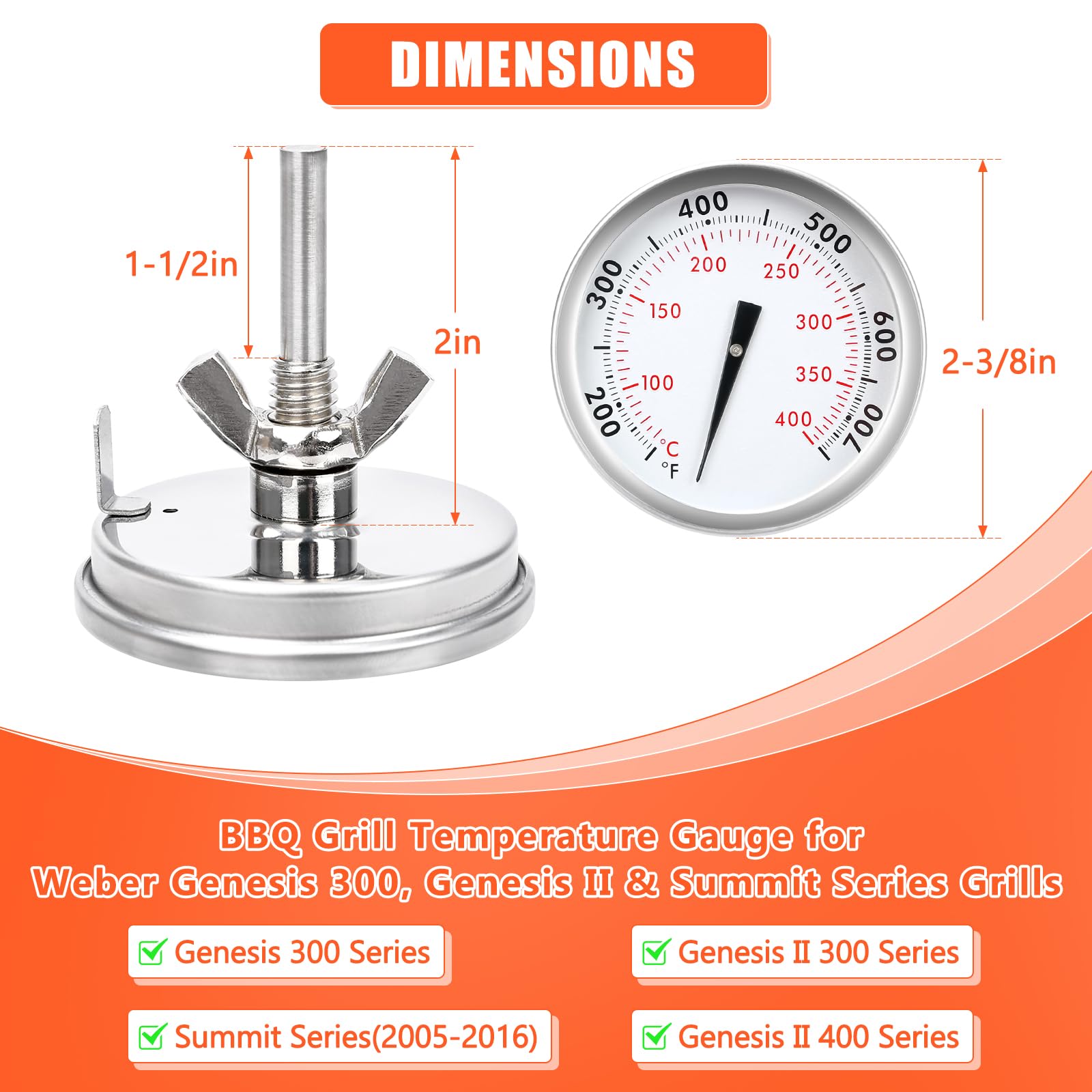 QuliMetal 67731 replacement thermometer for Weber Genesis, center mount design and secure fit.