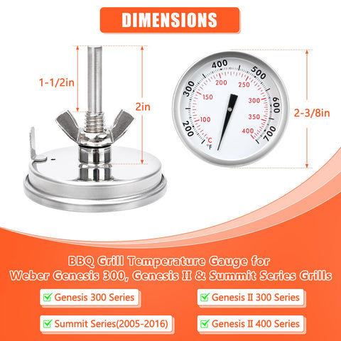 QuliMetal 67731 replacement thermometer for Weber Genesis, center mount design and secure fit.