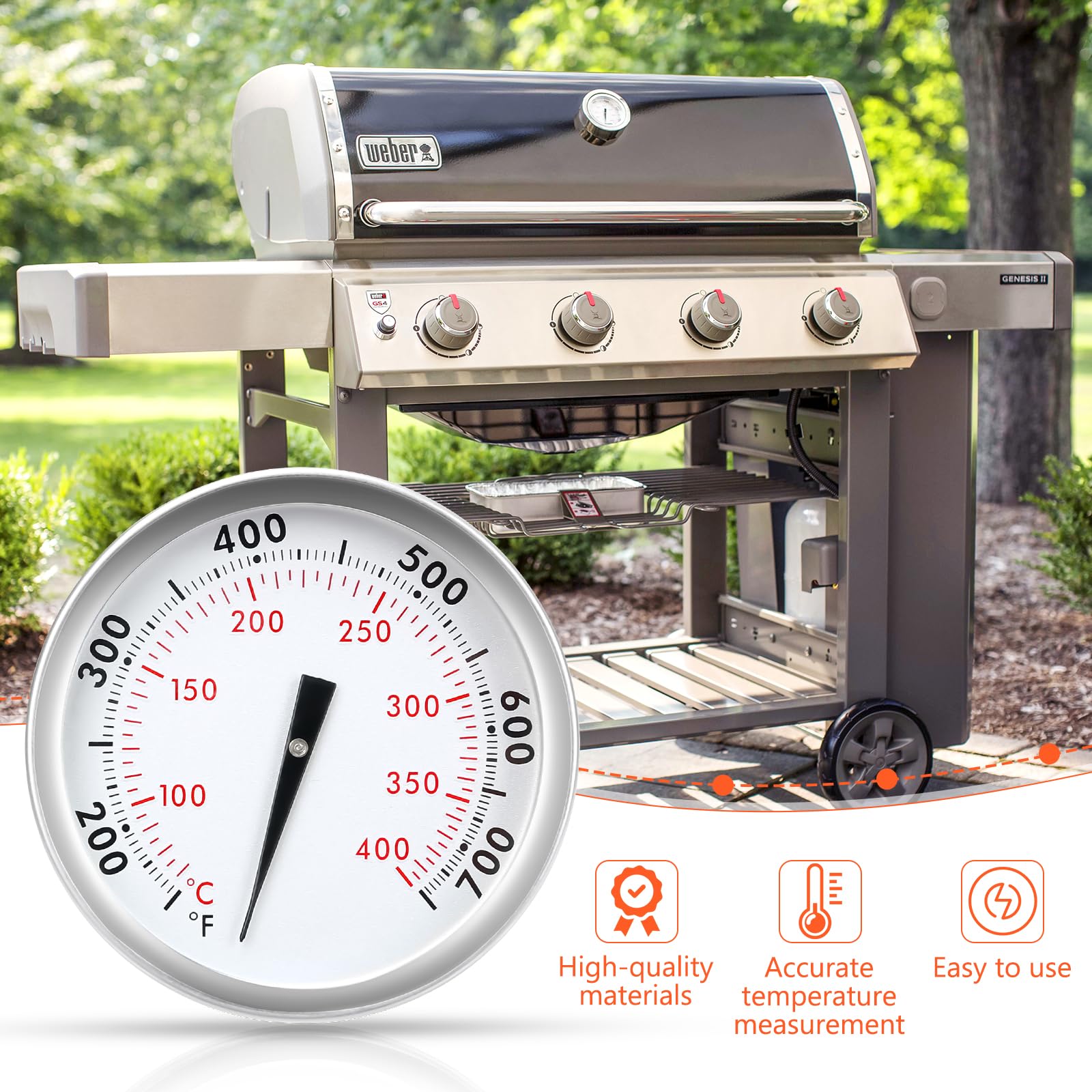 QuliMetal thermometer for Weber Genesis II 300 series, precise center-dial display.