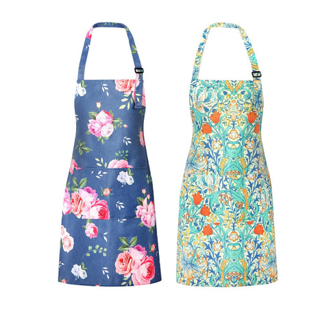 QuQuRuan floral apron blue-red with pockets, ideal for cooking and painting projects.