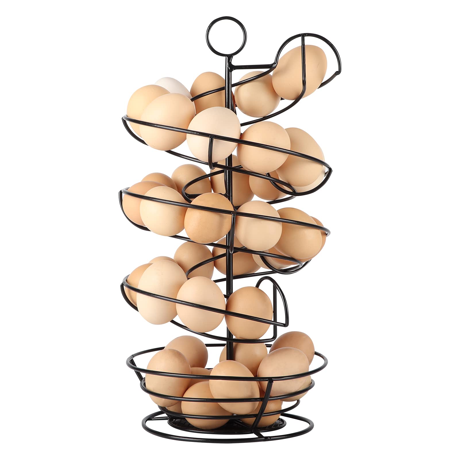 QUTREY black metal egg skelter with storage basket for organized countertop display.