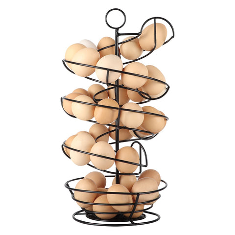 QUTREY black metal egg skelter with storage basket for organized countertop display.