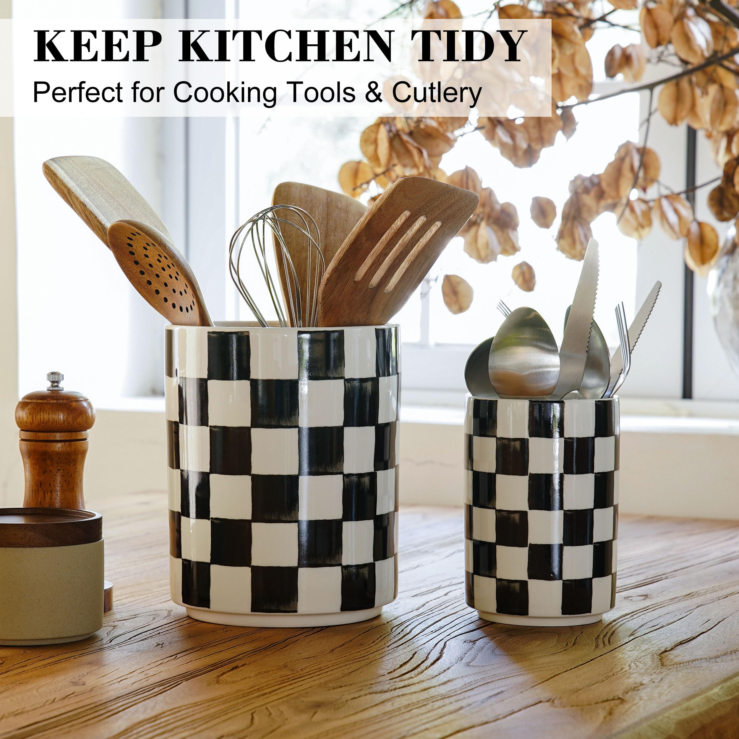 Quuavio checkered ceramic utensil holder small organizes spoons for easy access