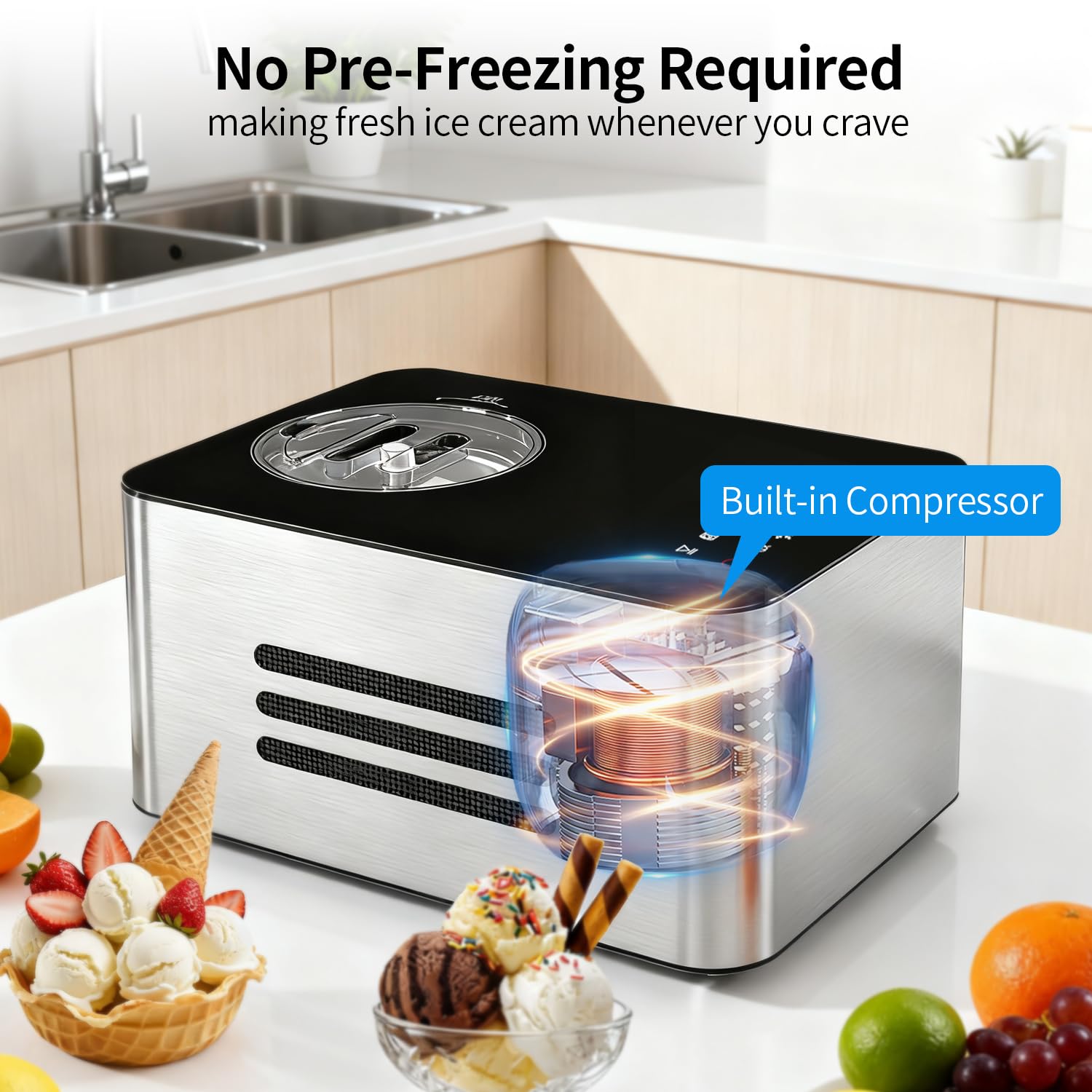 QUWRI ice cream maker LCD display for precise timing and texture.