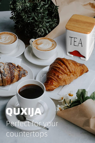 QUXIJA ceramic organizer on countertop, convenient storage for tea bags.