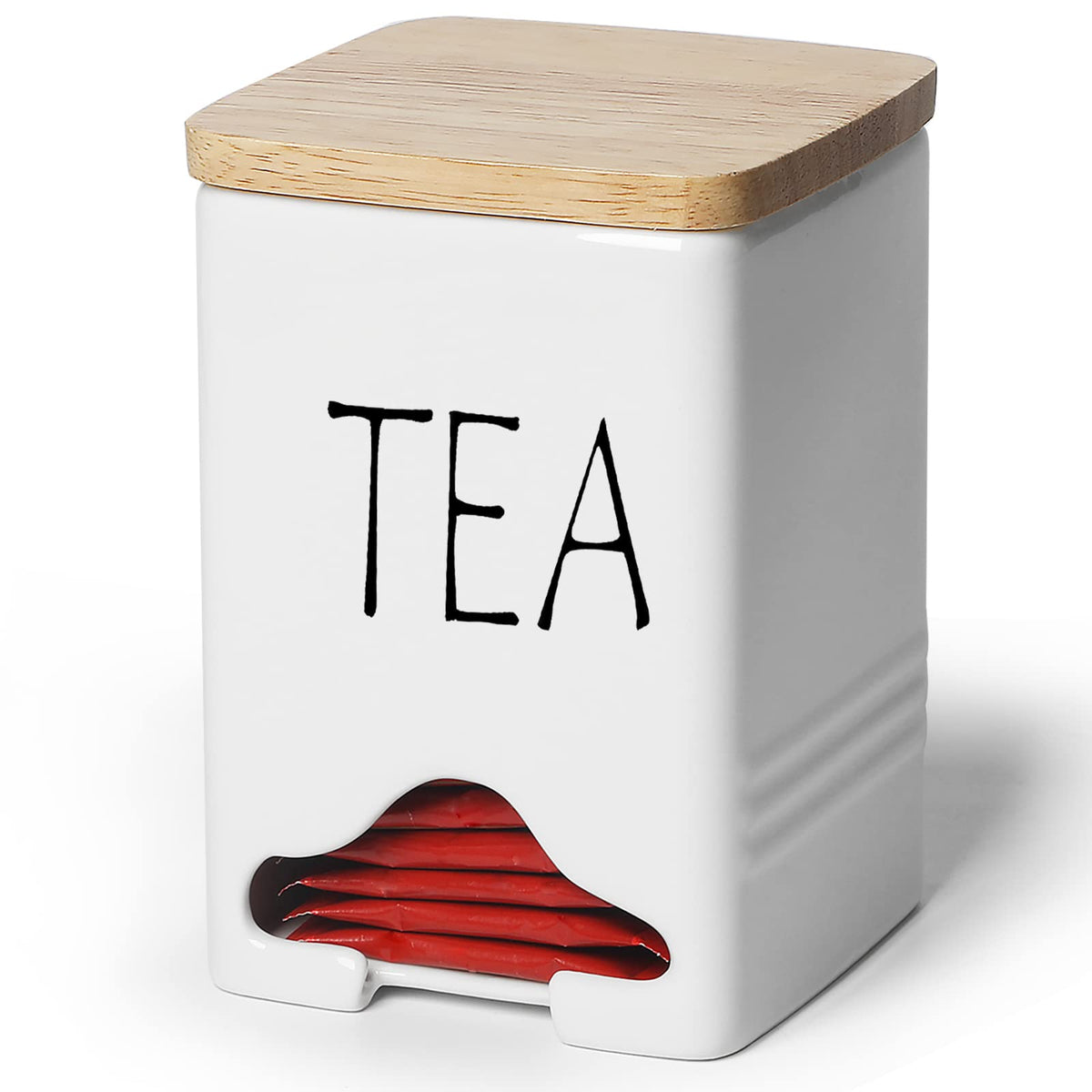 QUXIJA ceramic tea bag organizer white, front view, neatly displaying tea bags.
